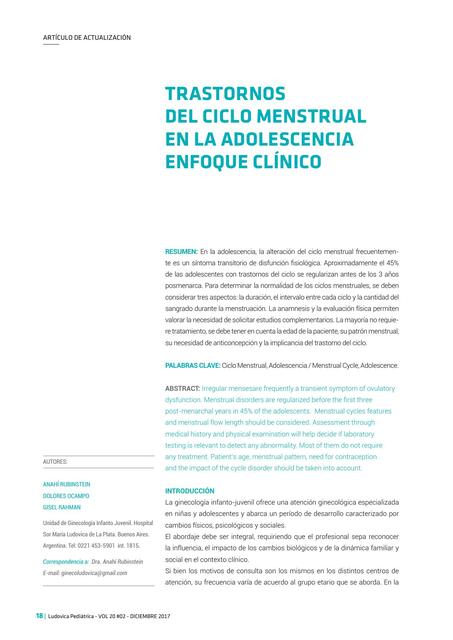 Trastornos del Ciclo Menstrual en la Adolescencia Enfoque Clínico 