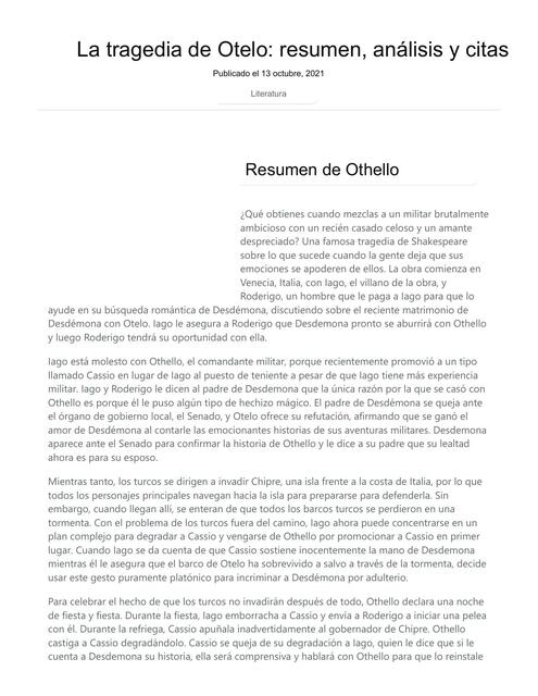 La Tragedia De Otelo Resumen Análisis Y Citas Literatura Y Palabras