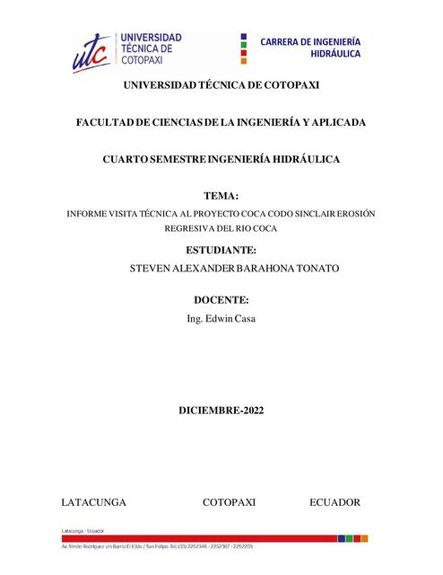 Informe Visita Técnica al Proyecto Coca Codo Sinclair Erosión Regresiva del Río Coca 