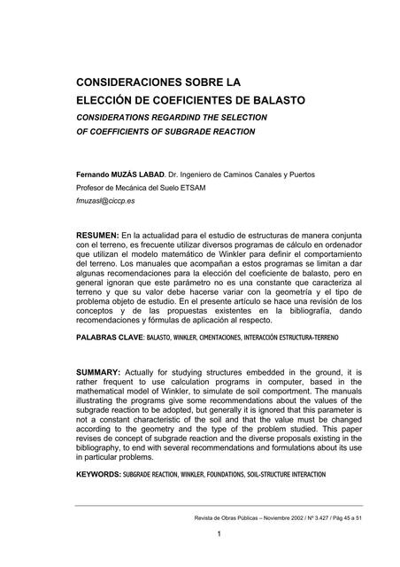 Consideraciones Sobre la Elección de Coeficientes de Balasto