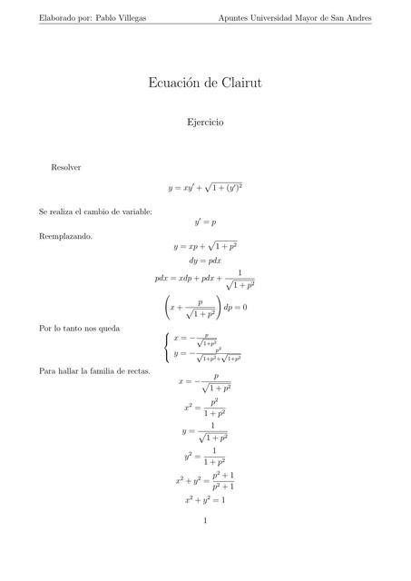 Ecuación Diferencial de Clairut (ejercicio)