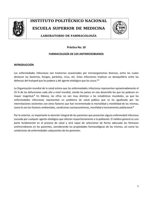 Práctica No. 10 Farmacología de los antimicrobianos