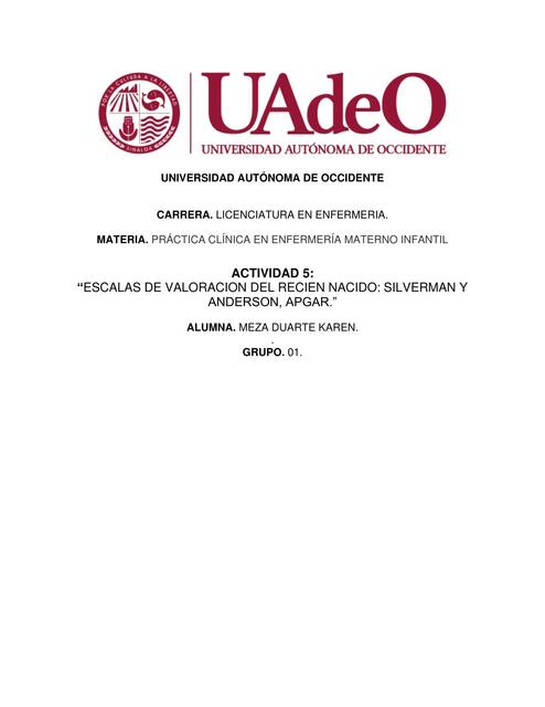 Escalas de Valoración del Recién Nacido: Silverman y Anderson, Apgar 