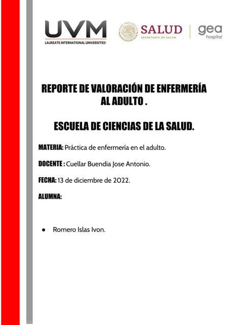 Reporte de Valoración de Enfermería al Adulto 