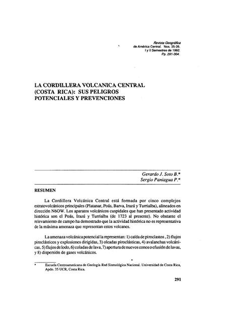 La cordillera volcánica central (costa rica) sus peligros potenciales y prevenciones