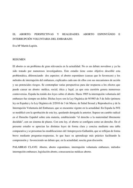 El aborto, perspectivas y realidades. Aborto espontáneo e interrupción voluntaria