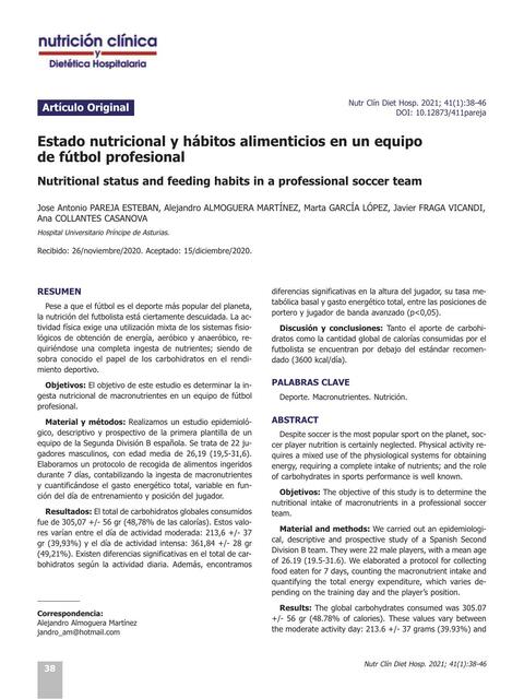 Estado nutricional y hábitos alimenticios en un equipo de fútbol profesional