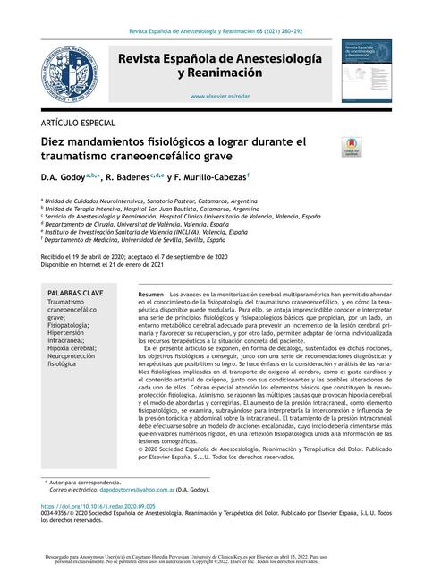 Diez Mandamientos Fisiológicos a Lograr Durante el Traumatismo Craneoencefálico Grave