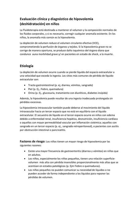 Evaluación Clínica y Diagnóstico de Hipovolemia (Deshidratación) en Niños