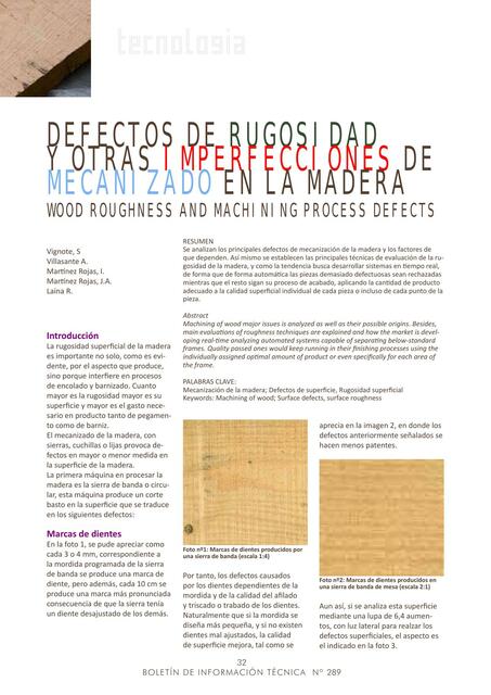 Defectos de Rugosidad y otras Imperfecciones de Mecanizado en la Madera