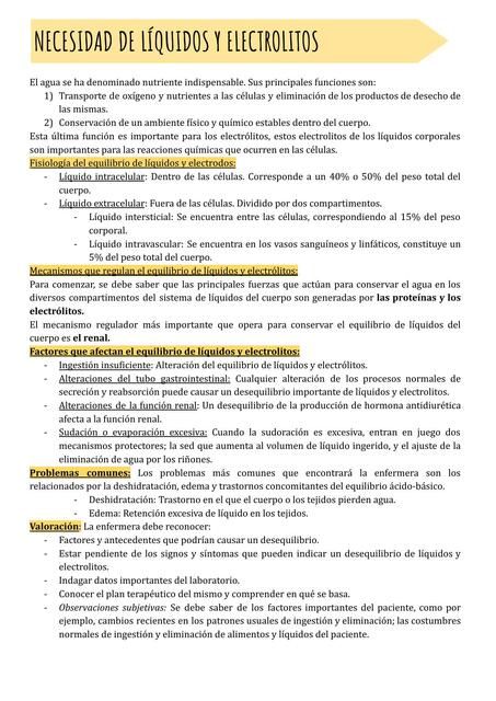 Necesidad de líquidos y electrolitos