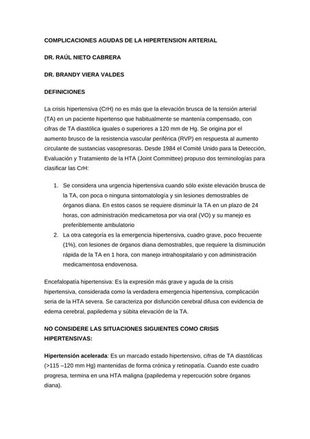 Complicaciones Agudas de la Hipertensión Arterial