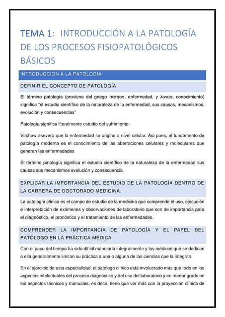 Introducción a la Patología de los Procesos Fisiopatológicos Básicos