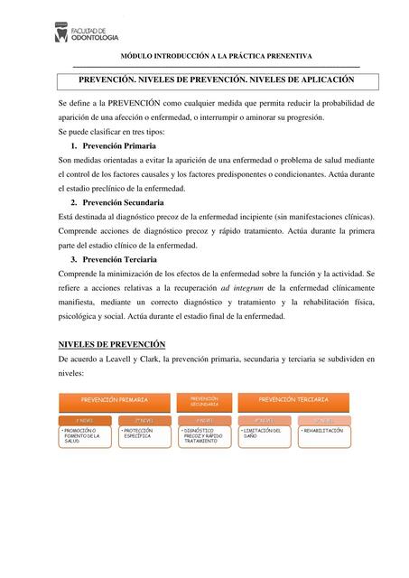 Prevención, Niveles de Prevención, Niveles de Aplicación 