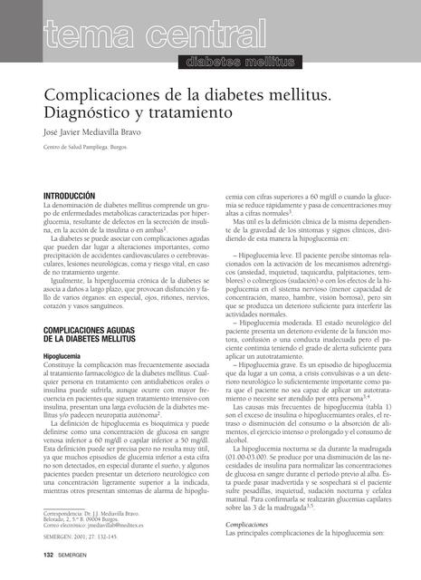 Complicaciones de la Diabetes Mellitus. Diagnóstico y Tratamiento