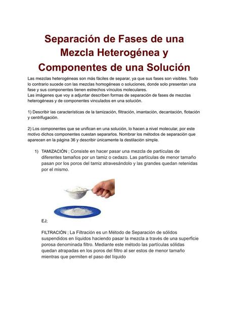 Separación de Fases de una Mezcla Heterogénea y Componentes de una Solución 