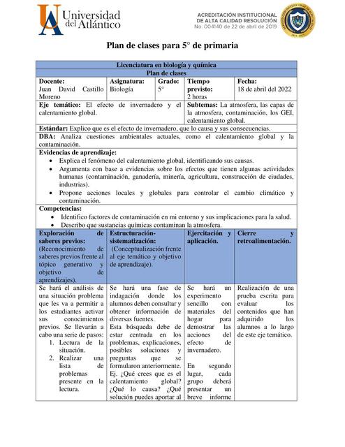 Plan de clases de 5 grado El efecto de invernadero