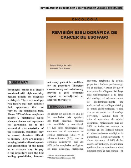 Revisión Bibliográfica de cáncer de esófago 