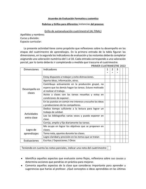 Acuerdos sobre Evaluacion Autentica y Formativa