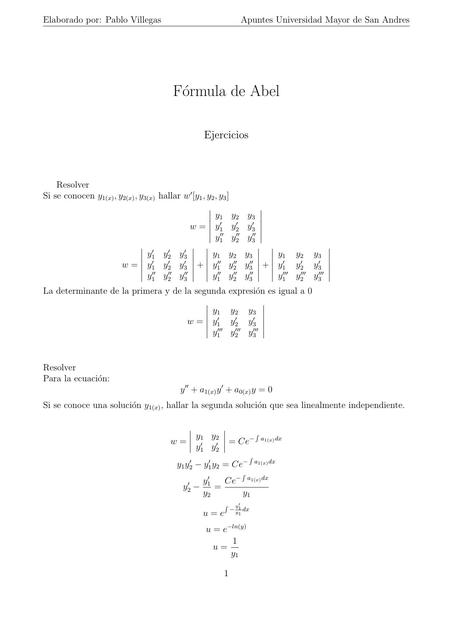 Ecuaciones Diferenciales Formula de Abel (ejercicios)