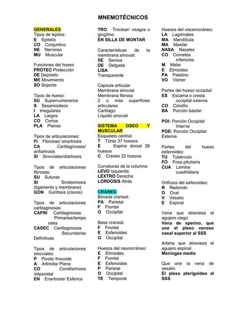 Mnemotécnicos de Anatomía 