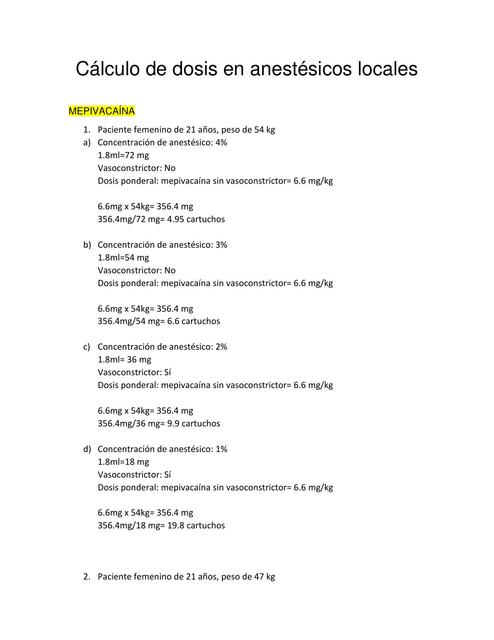 Cálculo de Dosis en Anestésicos Locales