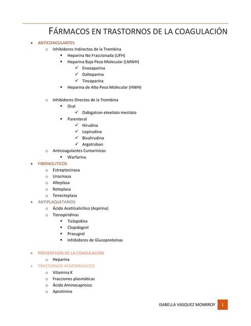 Fármacos en Trastornos de la Coagulación 