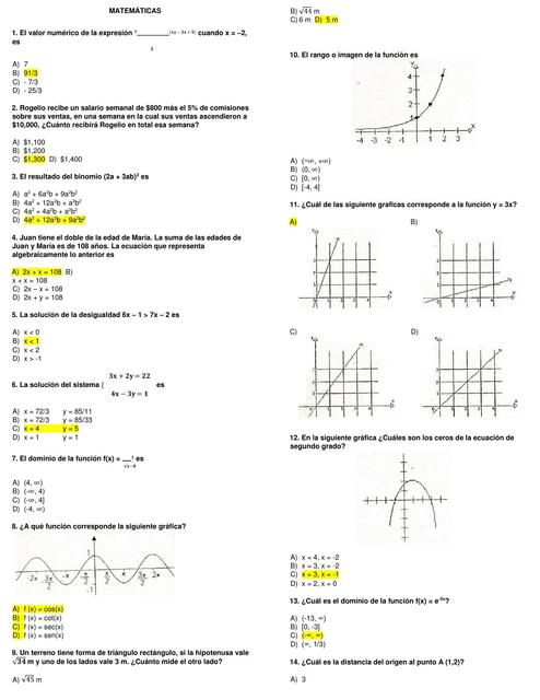 Cuestionario Matemáticas