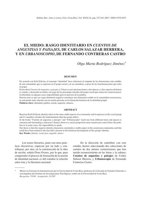 El miedo, rasgo identitario en cuentos de angustias y paisajes, de Carlos Salazar