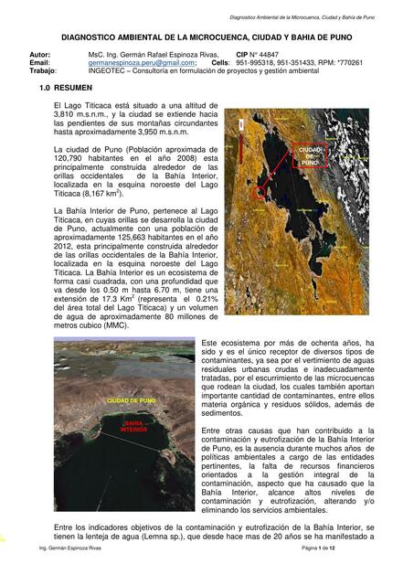 Diagnostico ambiental de la microcuenca, ciudad y bahía de puno