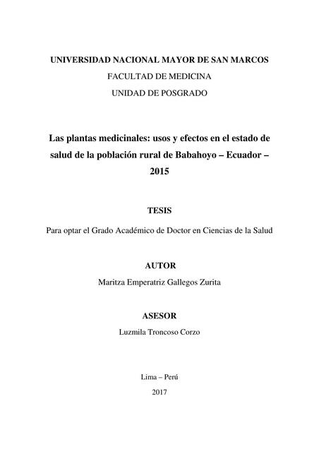 Las Plantas Medicinales. Usos y Efectos en el Estado de Salud de la Población Rural 