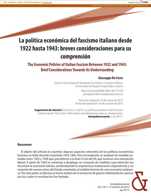 La política económica del fascismo italiano desde 1922 hasta 1943. Breves consideraciones para su compresión