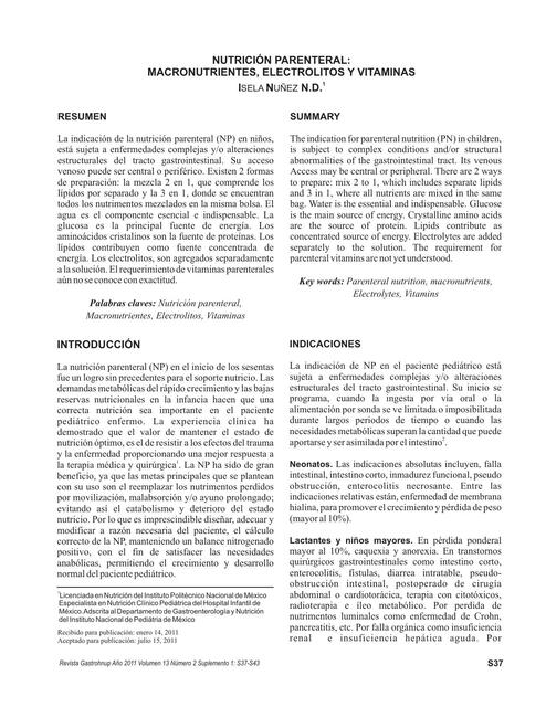 Nutrición Parenteral: Macronutrientes, Electrolitos y Vitaminas 