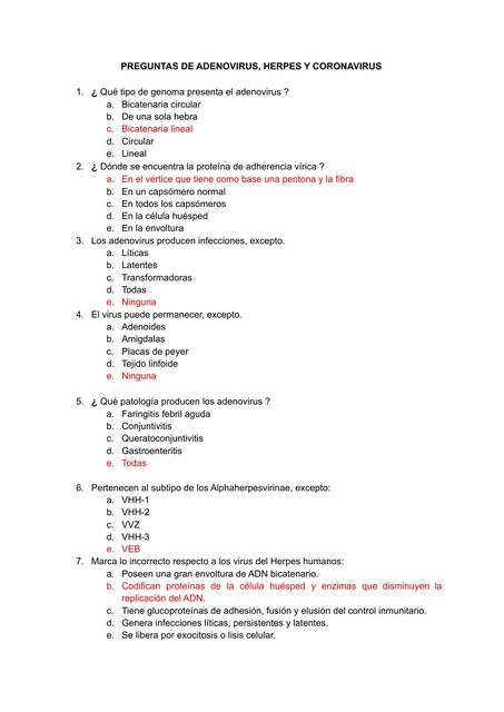 Preguntas de Adenovirus, Herpes y Coronavirus 