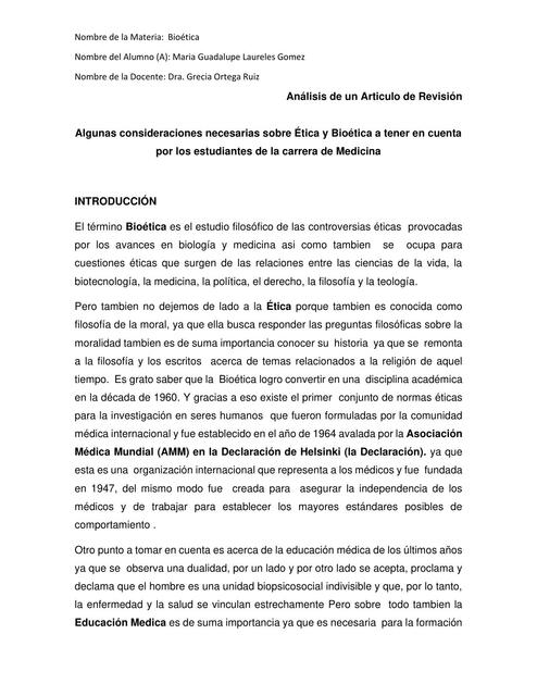 Algunas Consideraciones Necesarias sobre Ética y Bioética a Tener en cuenta por los Estudiantes de la carrera de Medicina