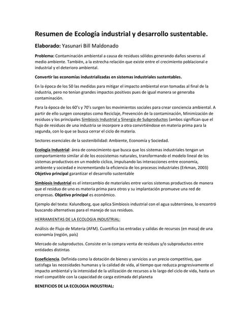 Resumen del articulo Ecología industrial y desarrollo sustentable