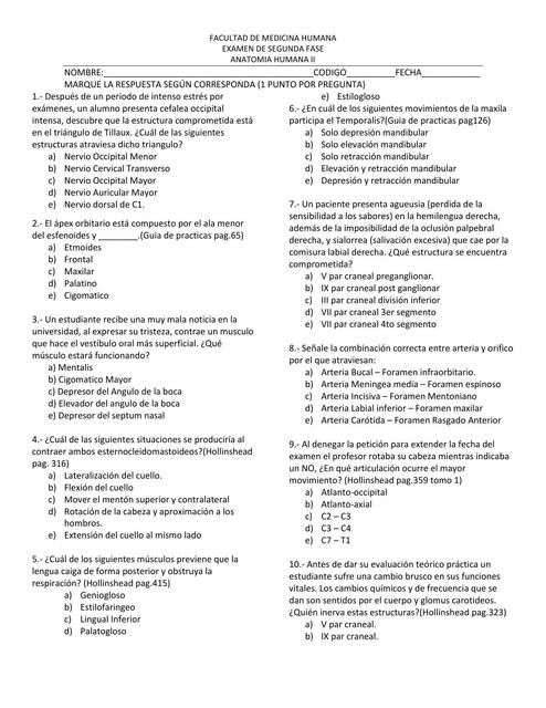 Examen de Segunda Fase - Anatomía Humana 2