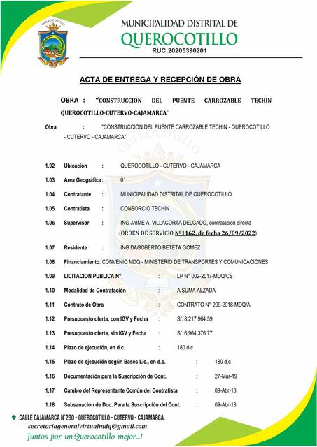 Acta de Entrega y Recepción de Obra