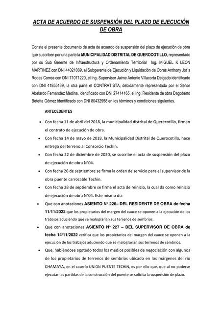 Acta de Acuerdo de Suspensión del Plazo de Ejecución de Obra 