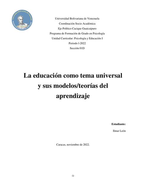 La Educación como Tema Universal y sus Modelos/Teorías del Aprendizaje