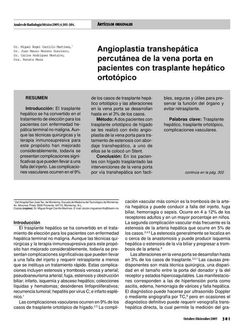 Angioplastia Transhepática Percutánea de la Vena Porta en Pacientes con Trasplante Hepático Ortotópico