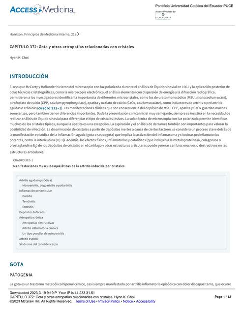 Gota y Otras Artropatías Relacionadas con Cristales