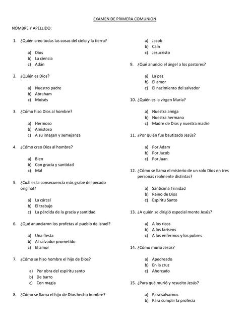 Examen de primera comunión