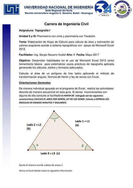 Elaboración de Hojas de Cálculo para Cálculo de Área y Estimación de Valores Angulares Acorde a Sistema Topográficos con Apoyo de Microsoft Excel 2013