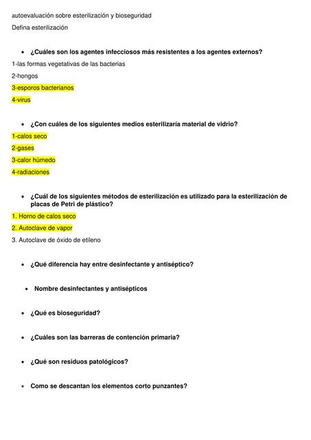 Autoevaluación sobre Esterilización y Bioseguridad