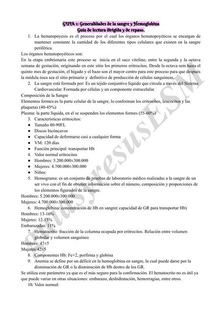  Morfofisiología: Generalidades de la sangre y Hemoglobina