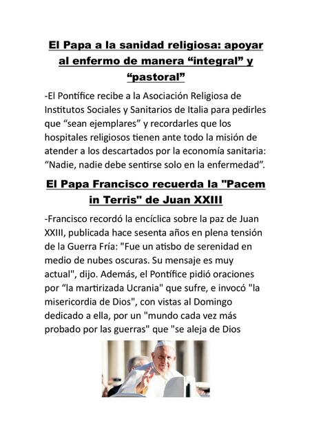 El Papa a la sanidad religiosa