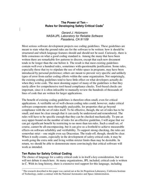 The Power Of Ten Rules For Developing Safety Critical Code Ciencias De La Computacion Ingenieria De Software Udocz