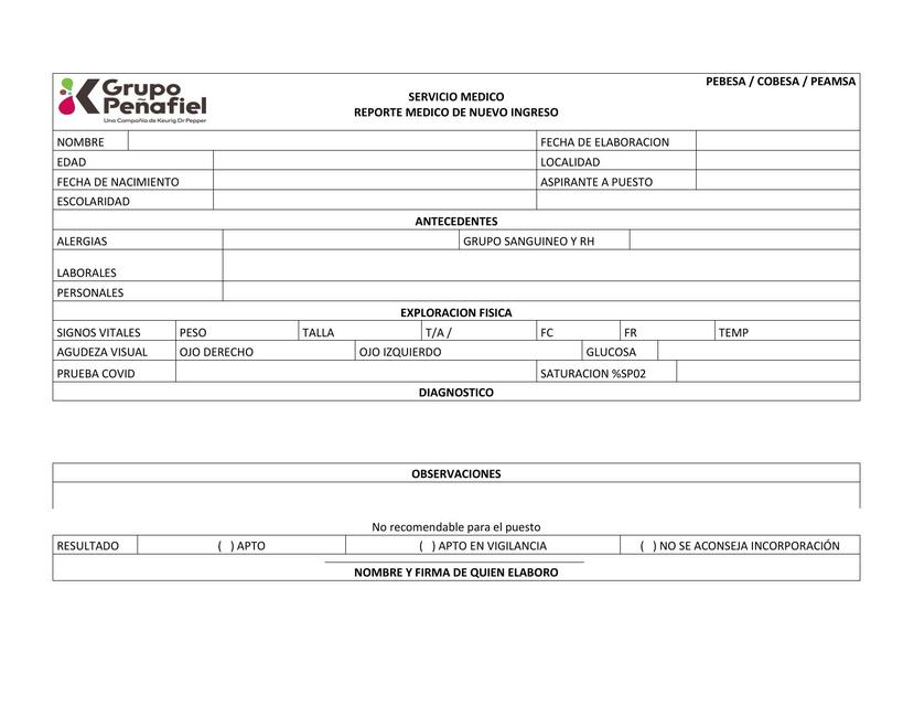 Reporte Médico de Nuevo Ingreso 