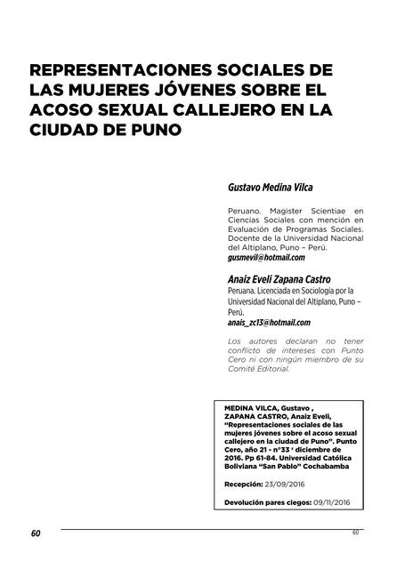 Representaciones sociales de las mujeres jóvenes sobre el acoso sexual callejero 